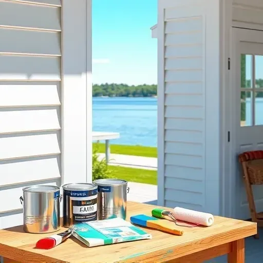 Pristine Lakeside, VA painting contractor workspace with fresh painted wall, tools, and scenic lakeside background.