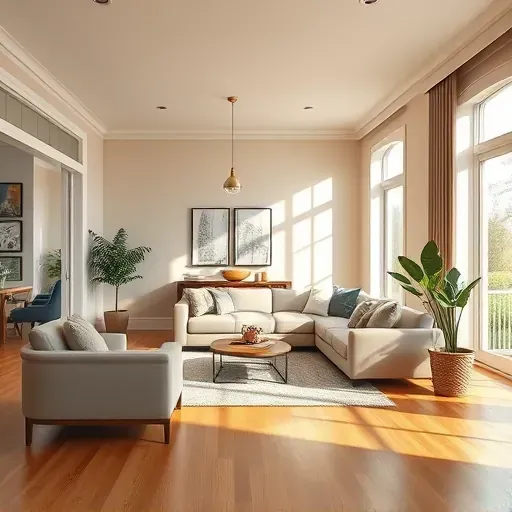 Finished residential living room in Bellwood VA with warm neutral walls, polished hardwoods, modern decor, natural light