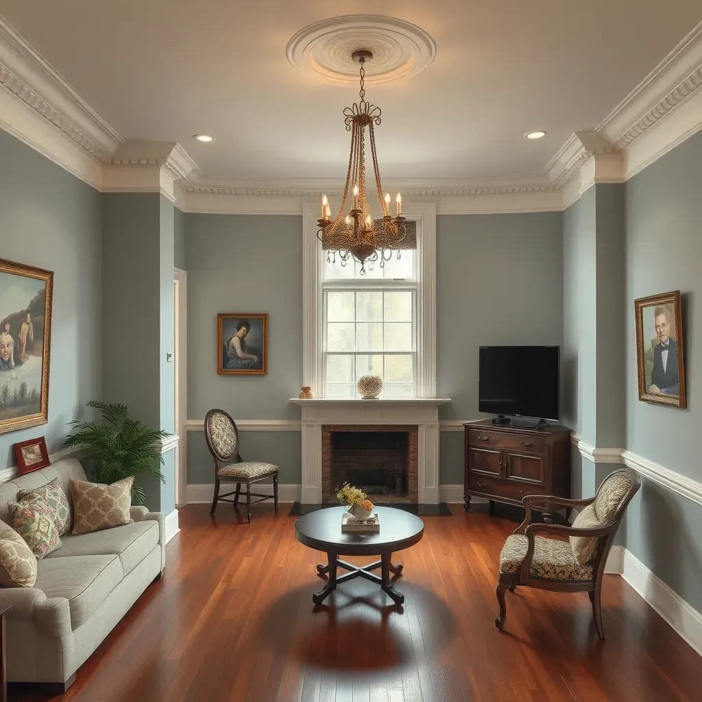 Interior of a Petersburg, VA home with freshly painted warm walls, modern furniture, hardwood floors, natural light, and painting supplies.