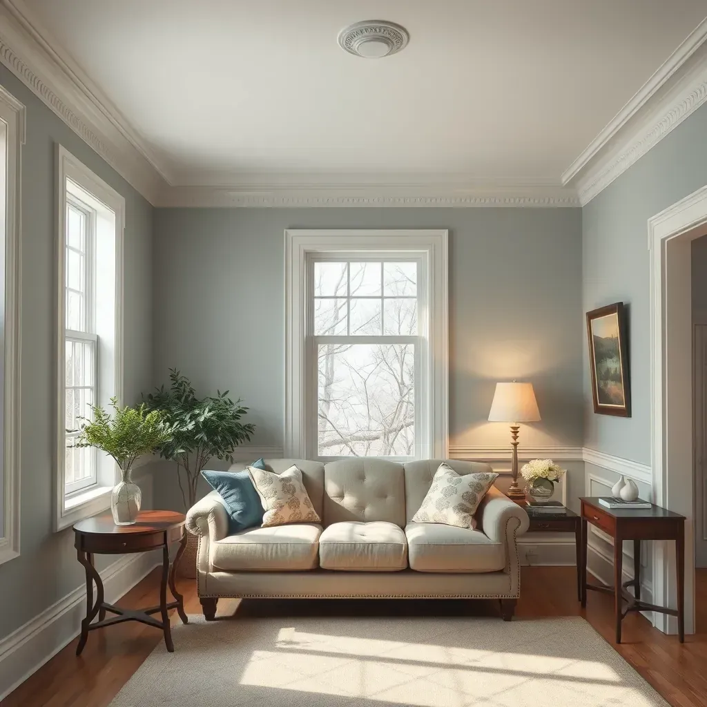 Bright living room in Elmont, VA with freshly painted neutral walls, hardwood floors, and painter’s tape for a professional look.