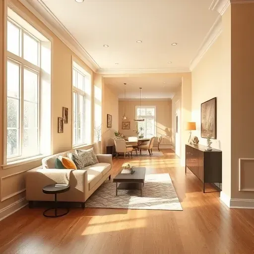Freshly painted modern interior in Chesterfield, VA with warm neutral walls, natural light, sleek decor, and polished hardwood floors.