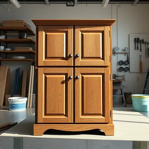 Finished detailed painted cabinet in Richmond VA studio, showcasing craftsmanship, neat workspace, and flawless wood finish.