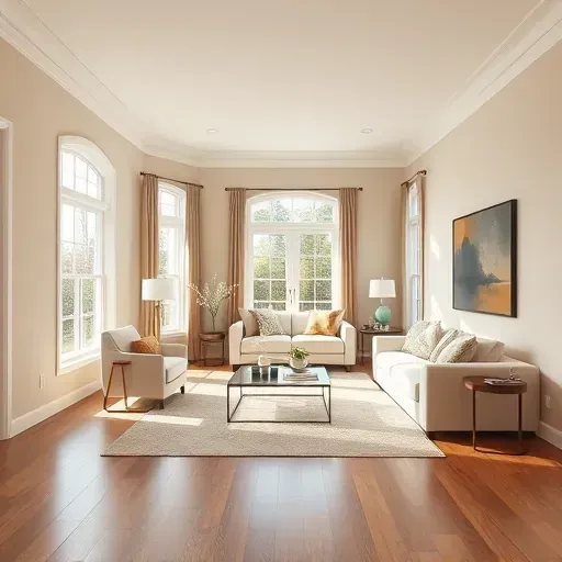 Freshly painted modern living room in Moseley, VA with neutral walls, elegant decor, and natural light highlight details.