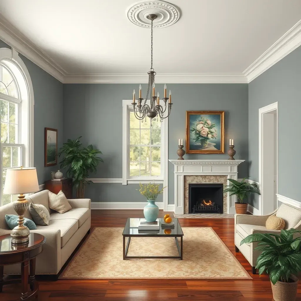 Interior painting in East Highland Park, VA: bright living room with neutral-colored walls, painter’s tools, and lush outdoor views.