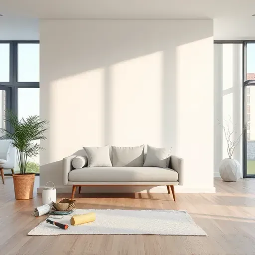 Freshly painted interior wall in a modern living room with painter's tools and natural light highlighting craftsmanship.