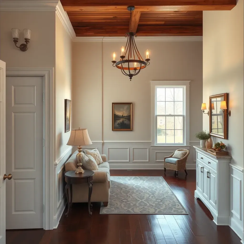 Interior living room in Rockwood, VA with freshly painted beige walls, white ceiling, ladder, paint supplies, and protected hardwood.