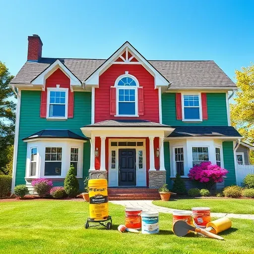 Beautifully painted residential home in Tuckahoe VA with vibrant colors, manicured lawn, and painter's tools displayed.