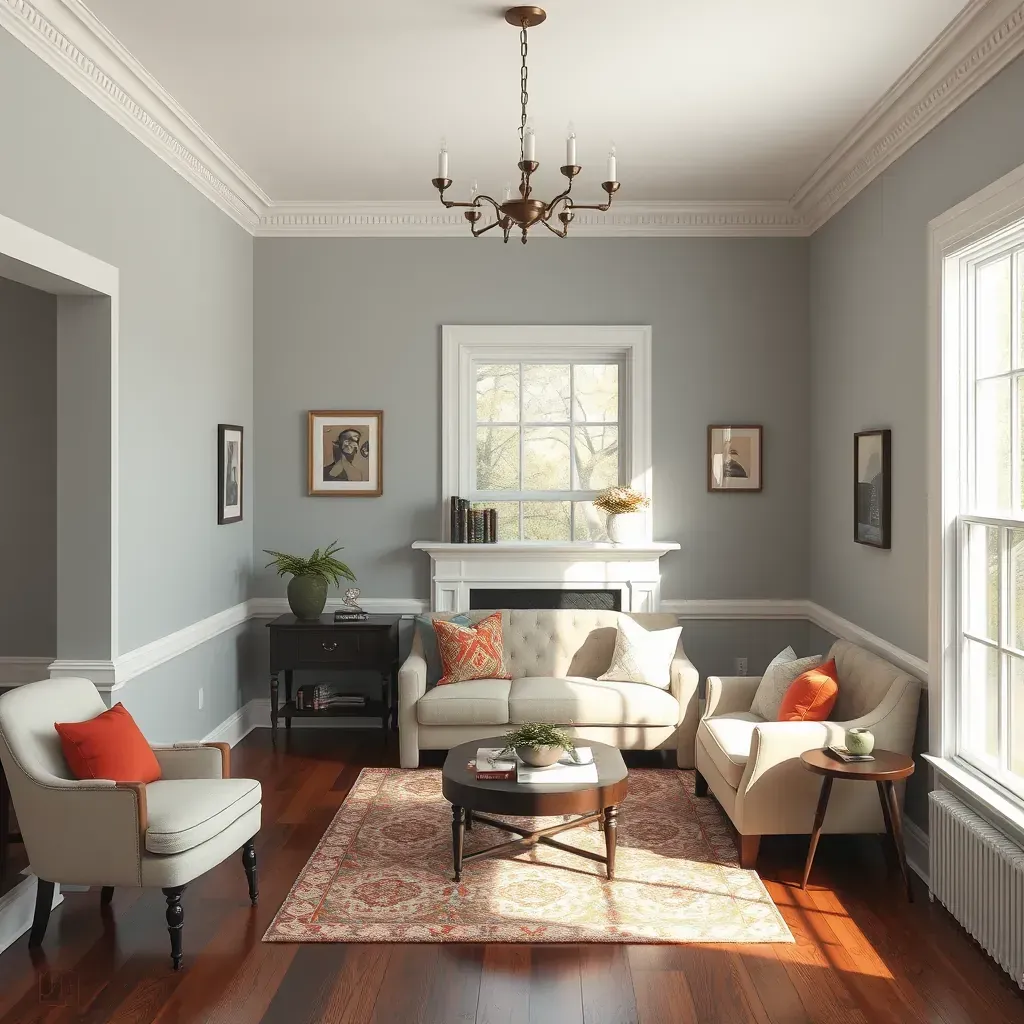 Spacious Richmond living room with beige walls, sunlight, polished hardwood floor, painter's tools, and city views.
