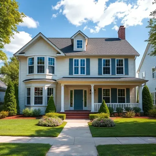 Completed painting project of a charming Montpelier home with cream and pale blue hues, surrounded by lush landscaping.