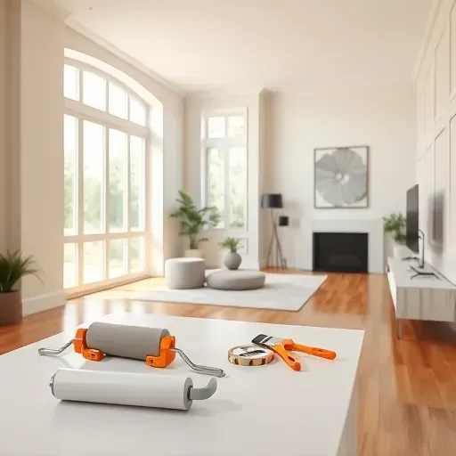 Freshly painted modern living room in Laurel, VA, showcasing pristine walls, natural light, and organized painting tools.
