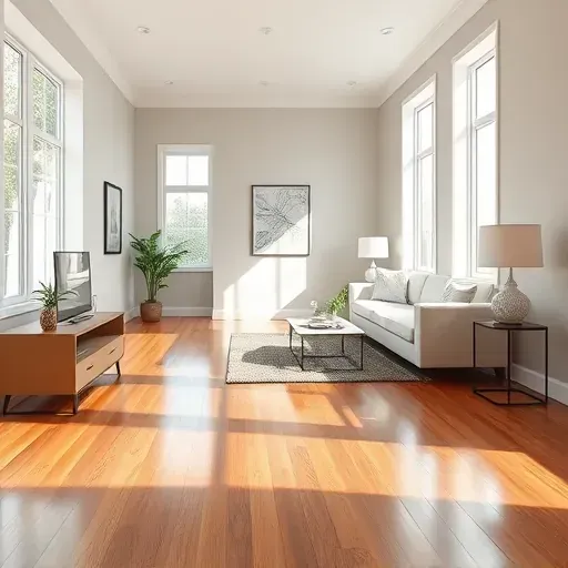 Interior of a modern Elmont VA living room with freshly painted neutral walls, hardwood flooring, minimalist furniture, and stylish decor