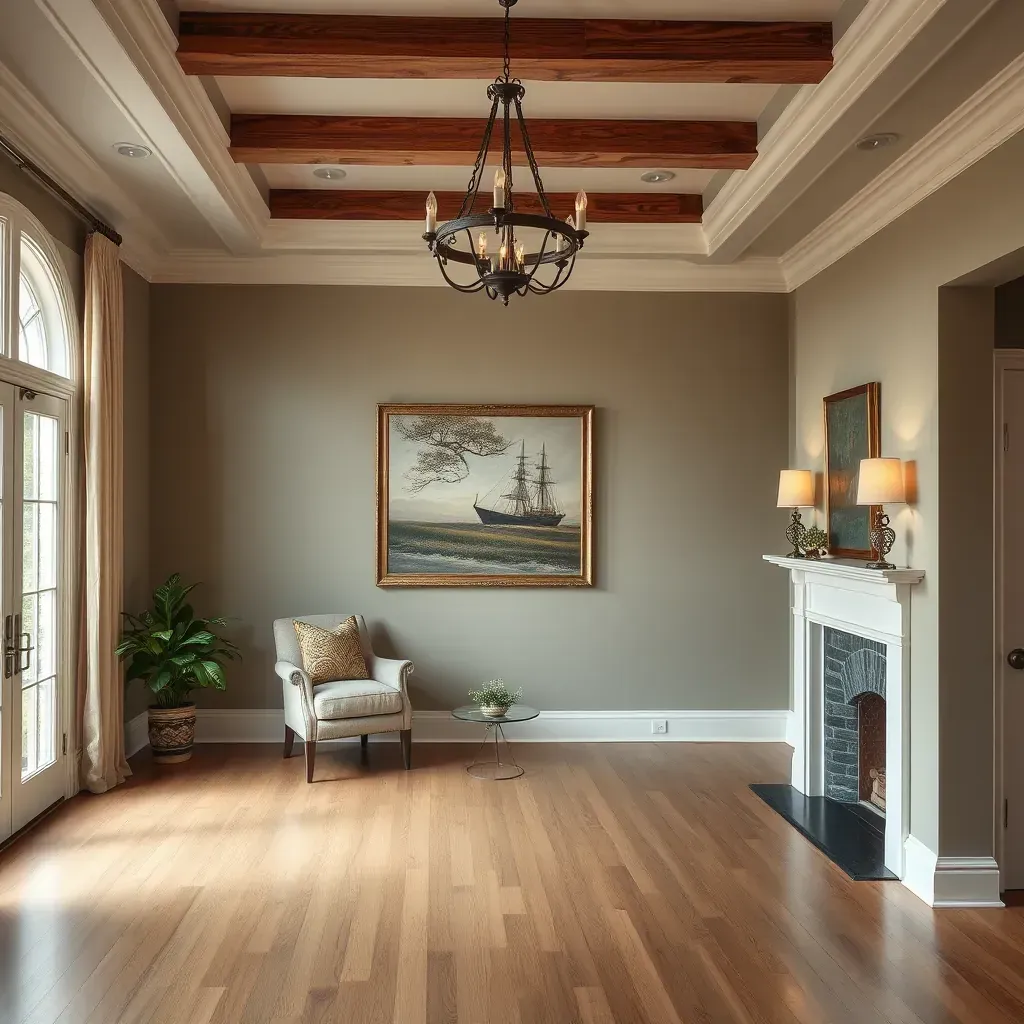Interior room in Innsbrook, VA with freshly painted walls, natural light, painter's tape, ladder, and protected flooring.