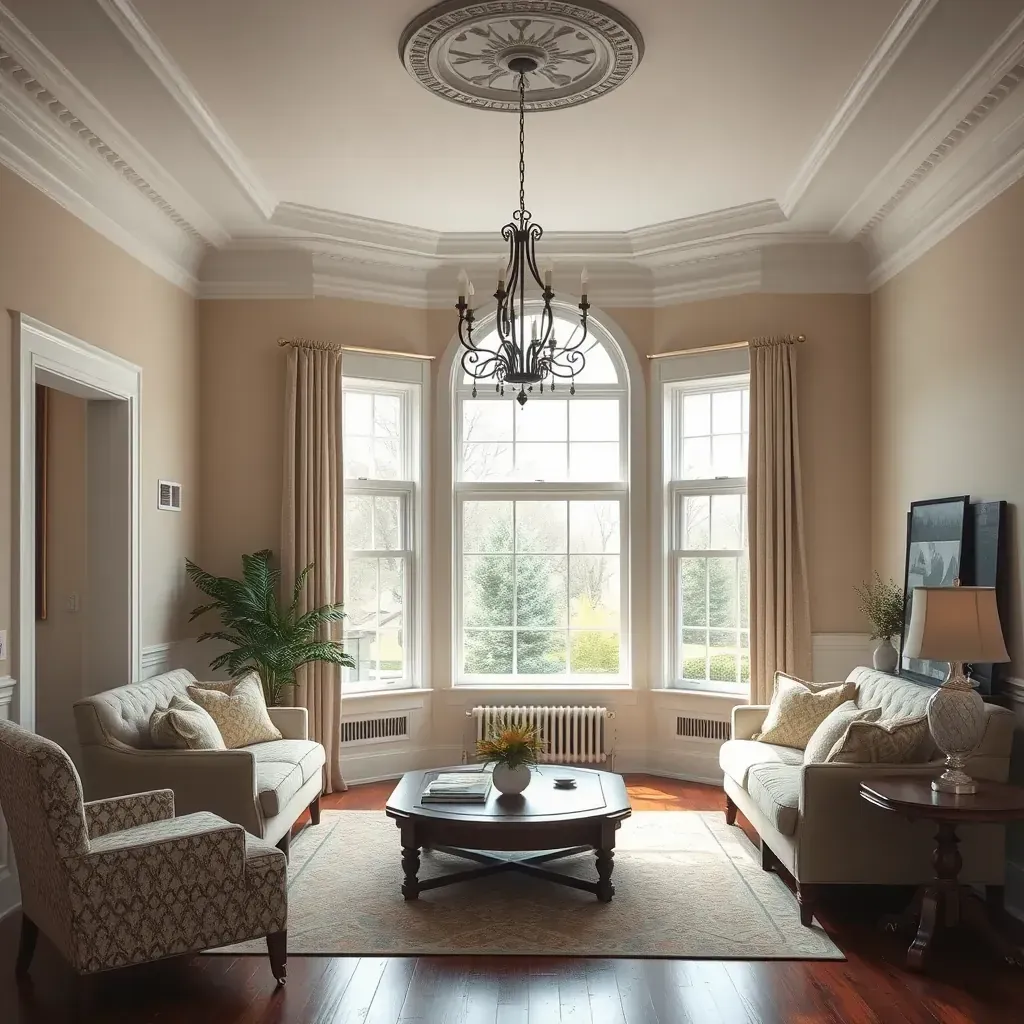 Interior living room in Montpelier, VA with freshly painted taupe walls, natural light, modern furniture, and clean edges.