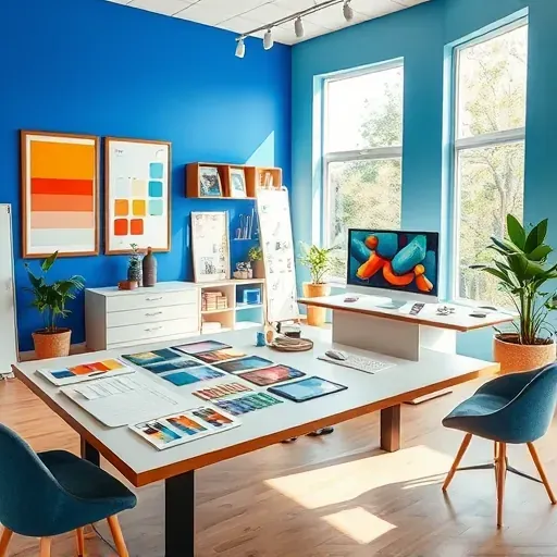 Bright Richmond VA color consultation room with blue and earthy walls, organized table, digital tools, and modern decor