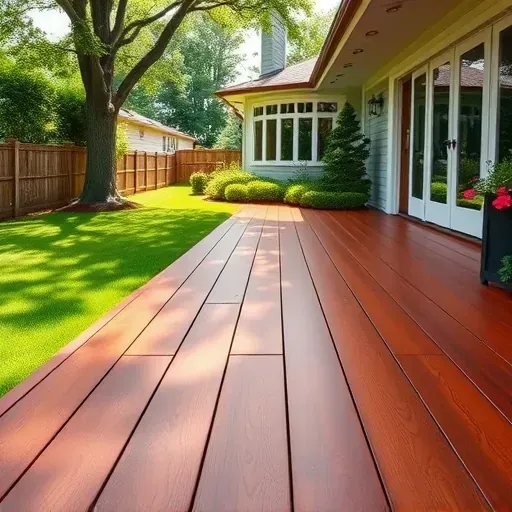 Freshly stained wooden deck in Richmond VA with vibrant color, glossy finish, lush green yard, and modern house background
