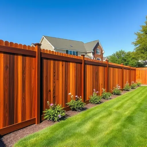 Freshly stained wooden fence in Richmond VA with warm mahogany tones, lush greenery, and a sunny suburban scene