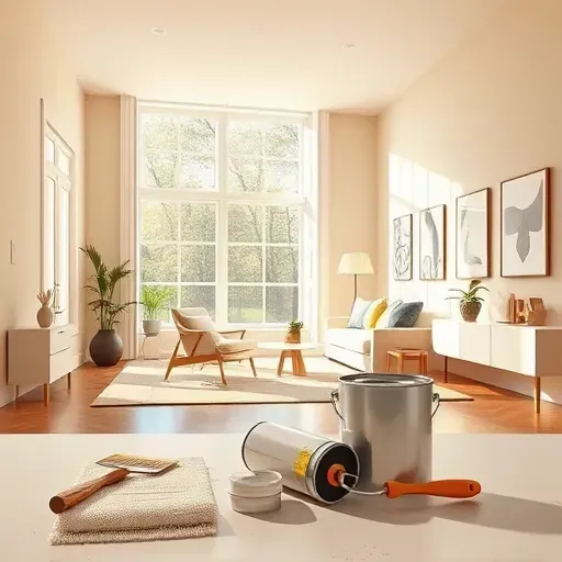 Freshly painted neutral-toned interior room in Varina VA with large windows, modern decor, and organized painting tools