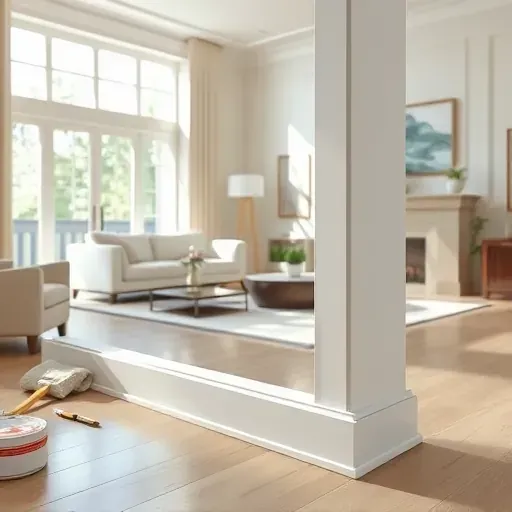 Freshly painted trim in a modern Richmond VA living room with flawless lines, subtle sheen, natural light, and elegant decor