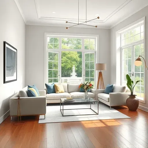 Freshly painted neutral living room in Goochland, VA with modern furnishings, natural light, and polished hardwood floors.