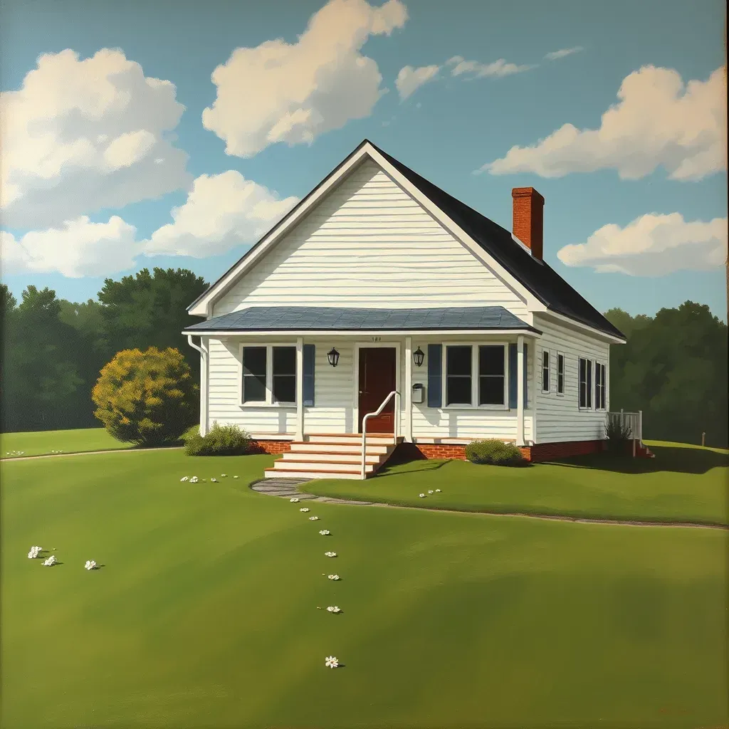 Detailed painting of Hopewell, VA showing James River, historic buildings, lush trees, vintage street lamps, and peaceful town scene.