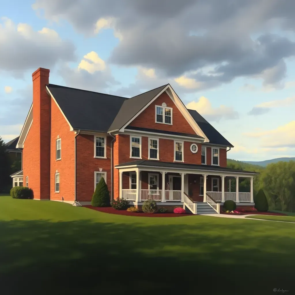 Detailed painting of Tuckahoe, VA landscape with lush fields, oak and pine trees, historic mansion, winding path, under a cloudy sky.