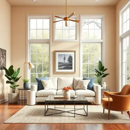 Bright living room in New Kent, VA with warm neutral walls, modern furniture, plants, artwork, and natural sunlight.