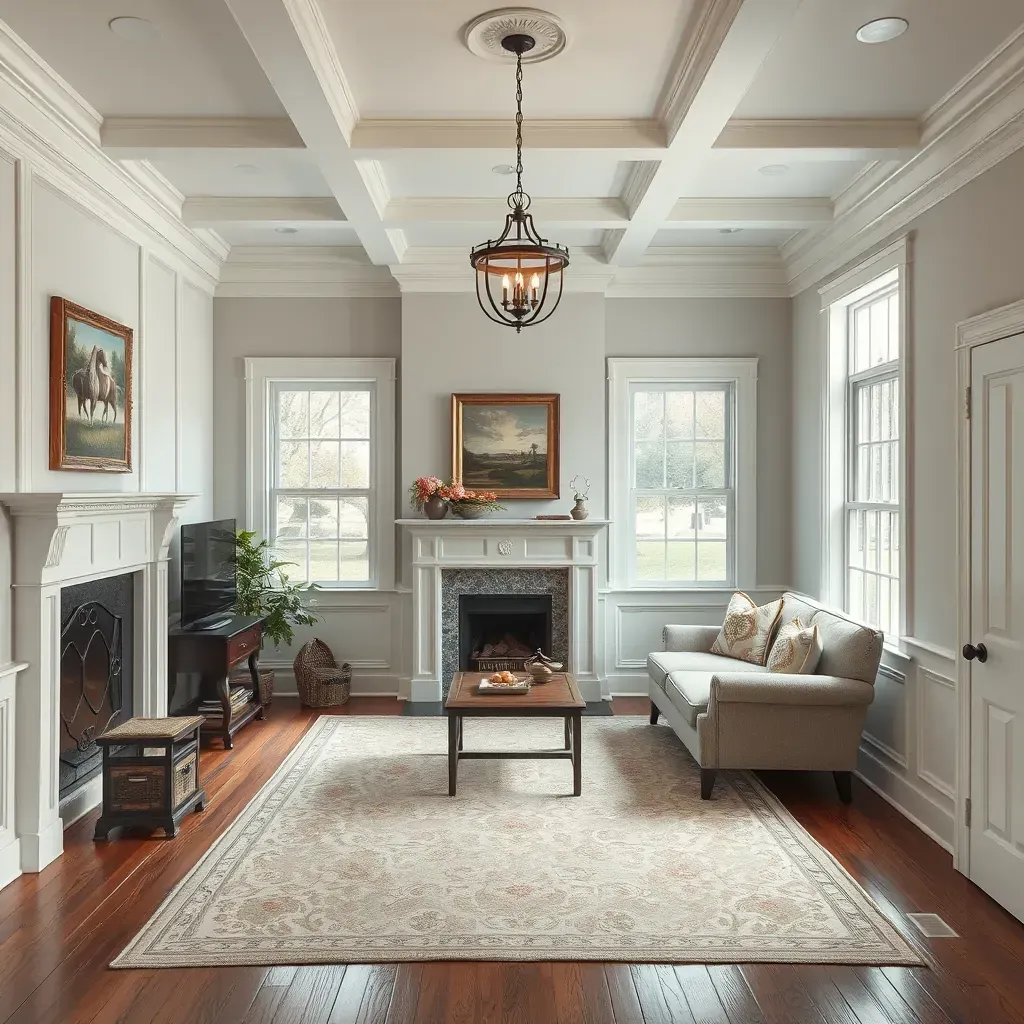 Interior living room in Bensley, VA with freshly painted neutral walls, modern decor, and painter's tools displayed.