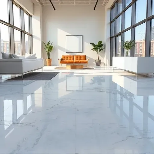 Shiny seamless epoxy flooring in a modern Richmond office with natural light, sleek decor, and polished concrete accents