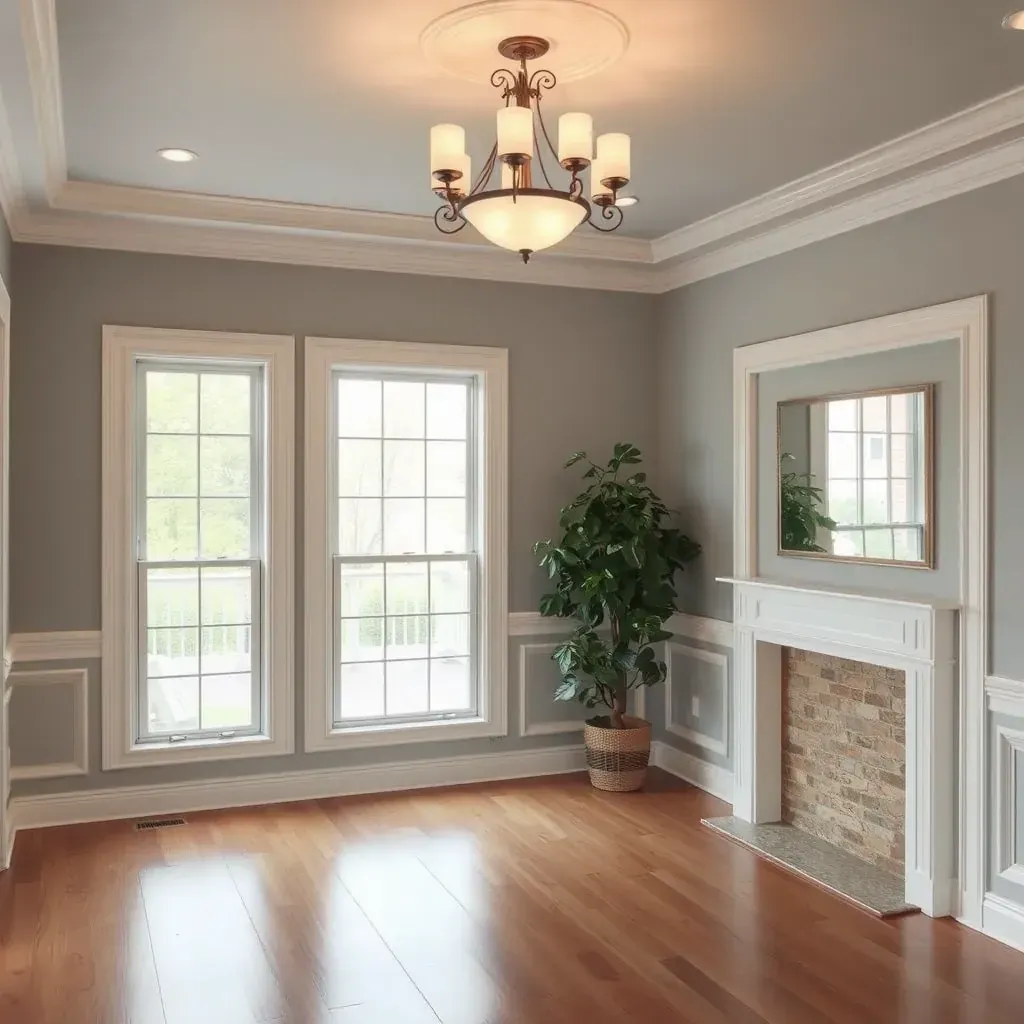 Bright, freshly painted beige living room in Sandston, VA with modern decor, natural light, and flawless wall finish.