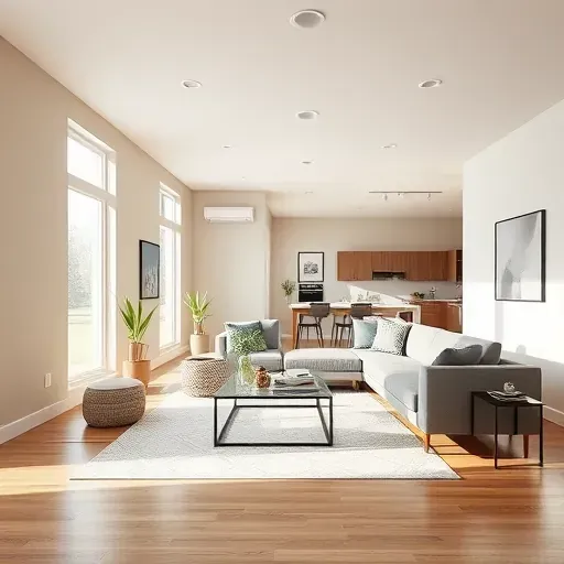 Modern Glenburnie VA living room with taupe walls, large windows, plush sofa, glass table, artwork, hardwood floors, and open-concept design.