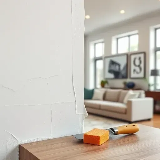 Close-up of freshly painted seamless drywall repair in a modern Richmond living room with natural light, stylish decor, and professional tools