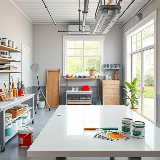 Well-organized painting contractor's workshop in New Kent, VA, with tools, paint samples, and vibrant wall finishes.