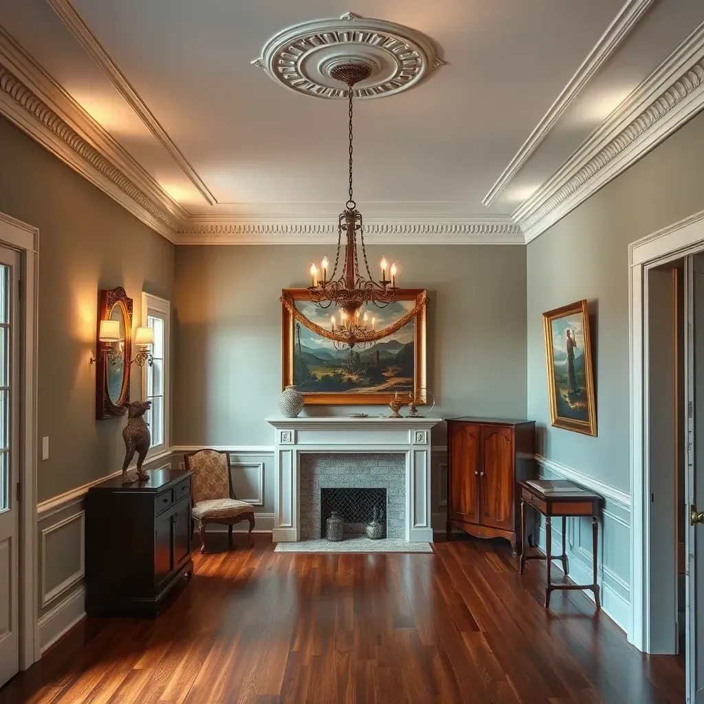 Bright Chester, VA living room with warm beige walls, clean crown molding, natural sunlight, and painting tools.