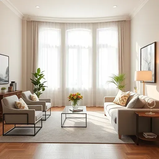 Beautiful living room interior in Short Pump, VA, with clean, neutral walls, elegant windows, modern furniture, and tasteful decor.
