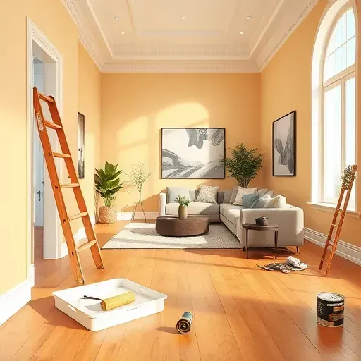 Interior room in Richmond VA with freshly painted neutral walls and modern furnishings, showcasing painting tools and natural light.