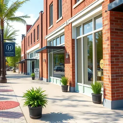 Well-maintained Richmond VA brick storefront with pastel painted exterior, landscaped sidewalk, potted plants, and clear sunny sky