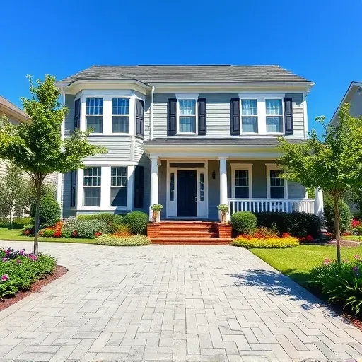Freshly painted home exterior in Chesterfield VA with modern colors, detailed trim, lush landscaping, and clear blue sky.