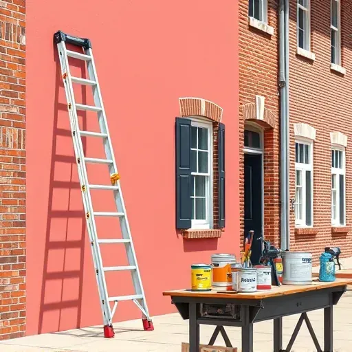 Painting contractor’s workspace in Petersburg VA with freshly painted wall, tools, and historic brick architecture.