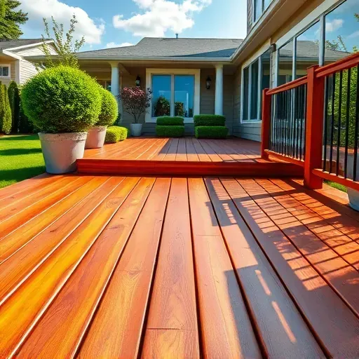 Freshly stained wooden deck in Richmond VA with rich tones, lush green lawn, modern home, and clear blue sky.