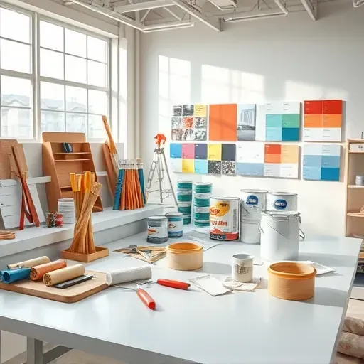 Organized painting tools and materials in a bright, professional workshop with sample swatches and finished projects.