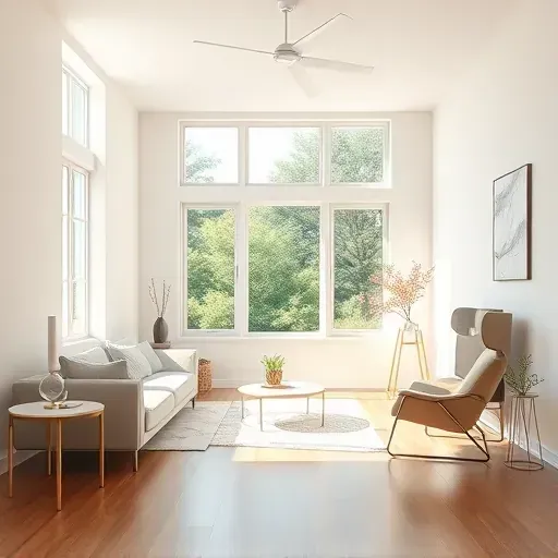 Freshly painted neutral walls in a Moseley VA interior featuring natural light, modern decor, hardwood floor, and lush green landscape