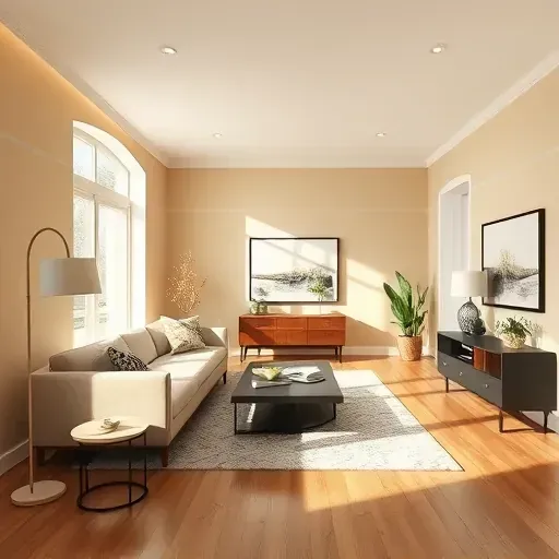 Bright modern Moseley living room with warm neutral walls, smooth surfaces, natural sunlight, stylish furniture, and pristine hardwood.
