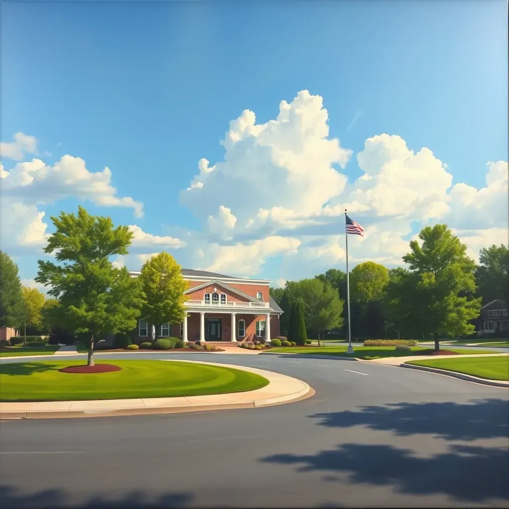 Detailed painting of Short Pump, VA featuring boutique shops, lush greenery, brick facades, and a clear blue sky.