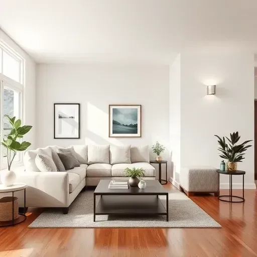 Freshly painted Richmond VA living room with neutral colors, modern decor, large windows, and polished hardwood flooring.