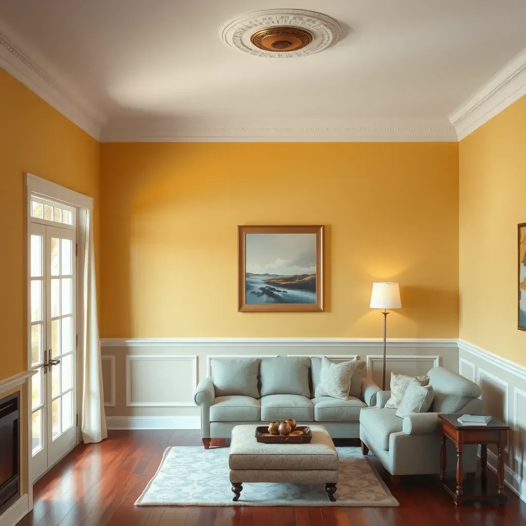 Interior of Montrose, VA living room with soft sage green walls, white trim, natural light, and painting tools on a hardwood floor.