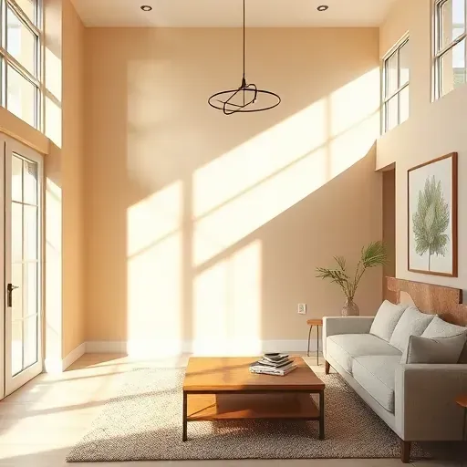 Brightly lit modern interior with smooth warm neutral painted walls, stylish decor, natural sunlight, and detailed craftsmanship