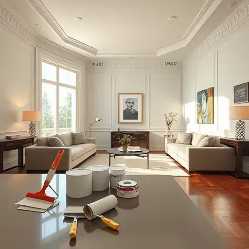 Freshly painted living room in Richmond VA with elegant molding, natural light, and high-quality painting tools organized neatly.