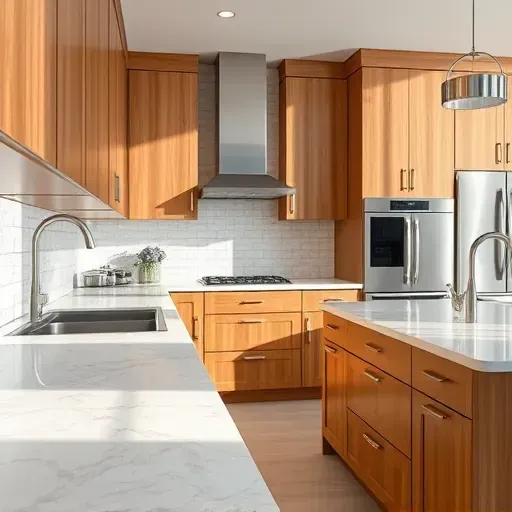 Refined glossy wooden kitchen cabinets with detailed grain in a modern Richmond VA kitchen featuring marble countertops and stainless steel appliances