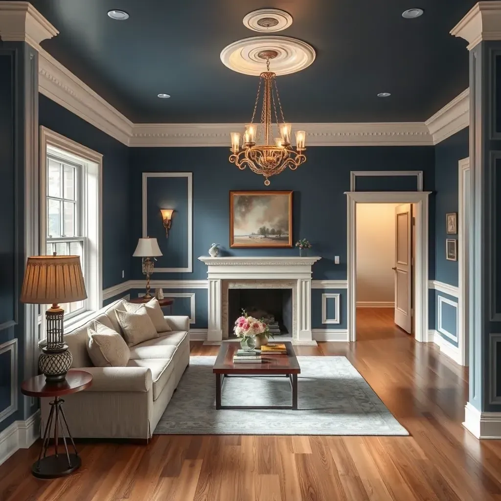 Spacious Chesterfield living room with light gray walls, white ceiling, protective drop cloths, and modern furniture.