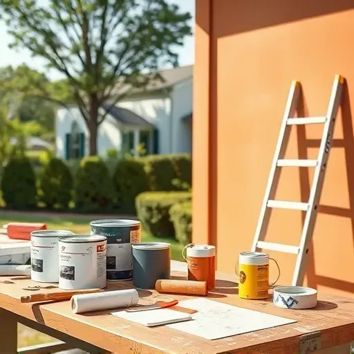 Well-organized Bensley, VA construction site showing painter’s tools, painted house exterior, ladder, and lush neighborhood.